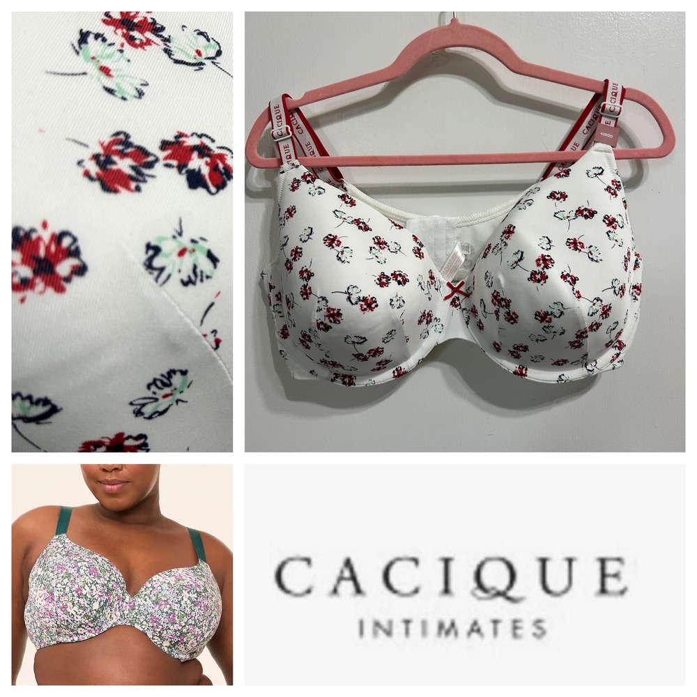 Cacique Lightly Lined T-Shirt Bra 42DDD White Floral Underwire Logo Straps NEW